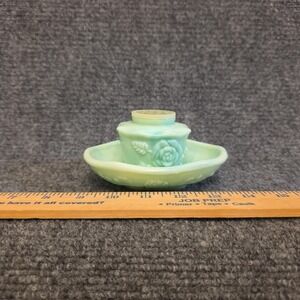 2pc Vtg Avon Field Flowers Teal Jadeite Slag Glass Powder Sachet Shaker Dish USA
